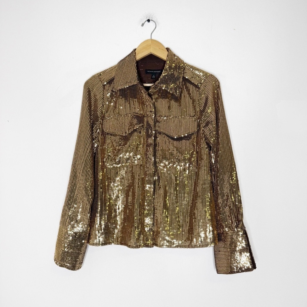 Banana Republic Ulla Sequin Shirt Gold Brown Size Small Button Front